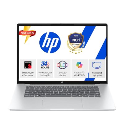 HP Omnibook 5 OLED (Previously Pavilion), Snapdragon X Processor (16GB LPDDR5x,1TB SSD) 2K OLED,16''/40.6cm, Win11, M365*Office24, Glacier Silver, 1.59kg, fb0001QU, Backlit, Next-Gen AI Laptop