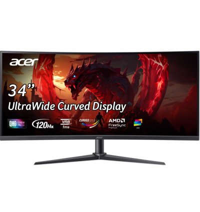 Acer Nitro ED340CUR J0 34" UWQHD Curved Gaming Monitor, 3440×1440 VA Display, 120Hz, 1ms VRB, FreeSync Premium, HDR10, 1500R Curvature, HDMI 2.1 & DP 1.4